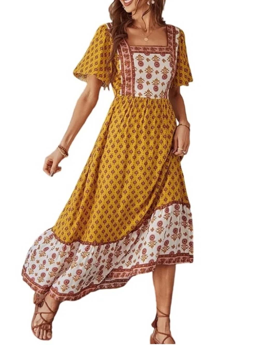 Womens Boho Mustard Yellow Floral Maxi Floral Dress Medium M Cottagecore